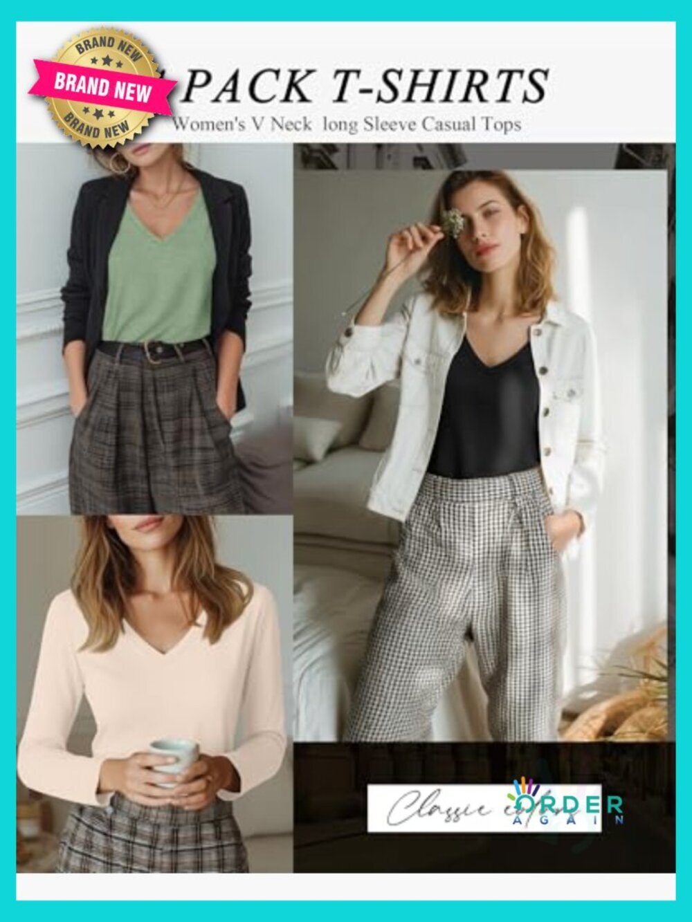 4 Pack V Neck Long Sleeve T-Shirts Loose Fit Basic Layering Tops Soft Casual - Picture 2 of 7